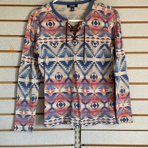 Chaps Denim Southwestern Aztec Print Long Sleeve Lace Up Shirt Women's M